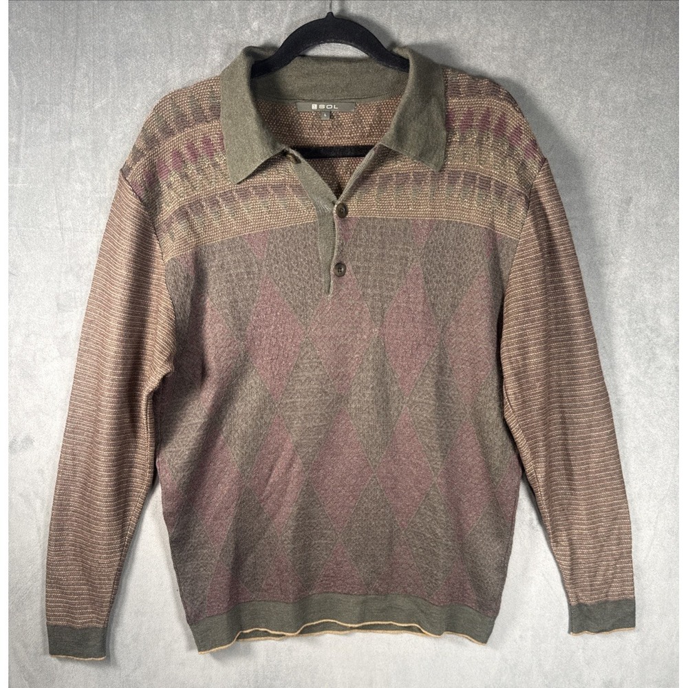 SOL Mens Baby Alpaca Silk Blend Long Sleeve‎ Knit Polo Sweater Argyle Academia